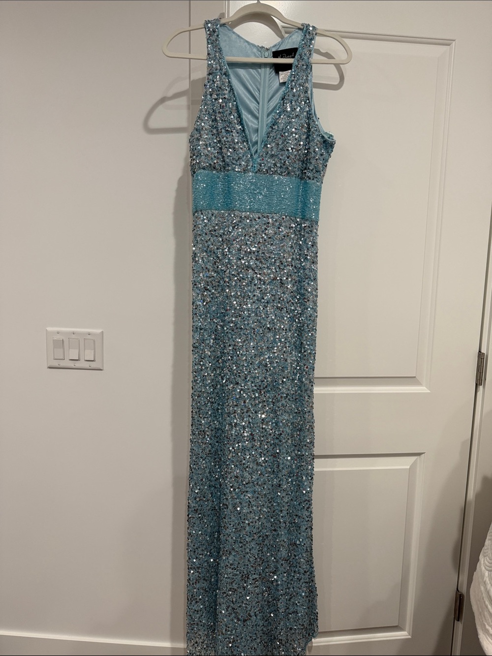 Mac Duggal Ice Blue Sequin V-Neck Prom Gown